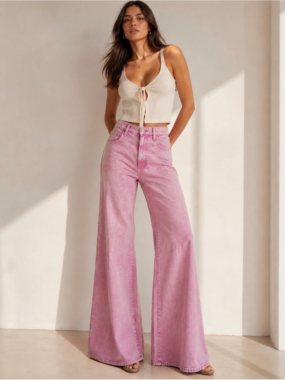 AMO Pink High-Rise Wide Leg Jeans